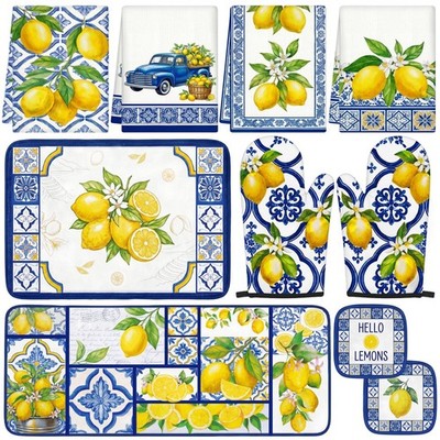 10Pcs Lemon Kitchen Decor Set Italian Capri Tiles Yellow Blue Towels Pot Hold...