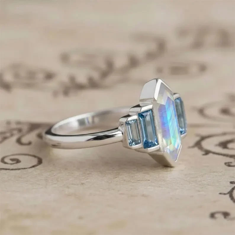 Rainbow Moonstone Blue Topaz Sterling Silver Ring | Art Deco Statement Jewelry View 5