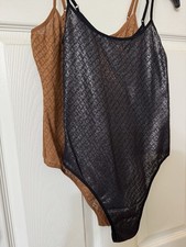 SKIMS LOGO SHINE SET OF 2 Bodysuits SzM Black And Brown No Buttons Adjust Strap