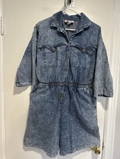 VTG 80s Denim Sz:L Acid Wash One Piece Shorts Jumpsuit Rockabilly utility-style