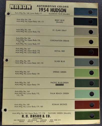 1954 Hudson Paint Chip Colors Sheet Hornet Wasp Jet Nice Original 52