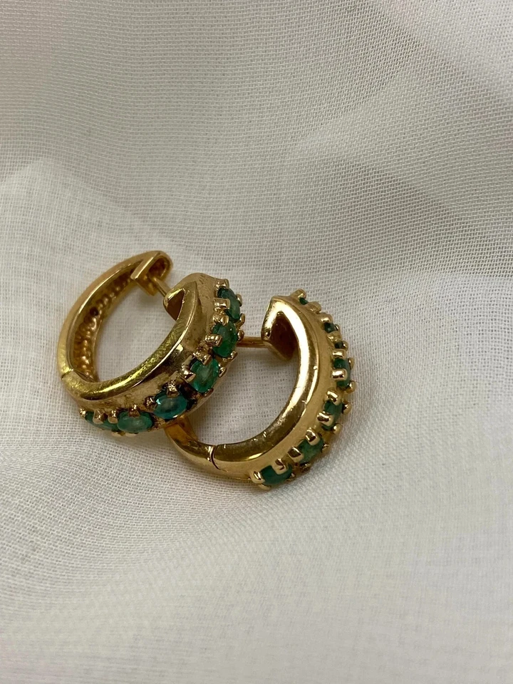 Natural Vintage Emerald Hoop Earrings 1.4Ct Round 14K Yellow Gold Plated - Image 2 of 4