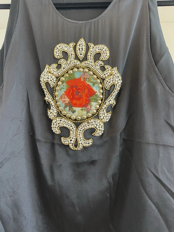 Balmain Black Satin Silk Crystal Embellished Applique Tank Top Fr40 — 第 2/4 张图片