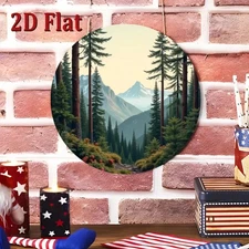 8x8 Inch Retro Evergreen Tree Round Metal Wall Art - Durable Aluminum Mountain