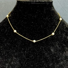 VTG Akoya Pearl Station Necklace 14K Yellow Gold Choker White 5mm 3.1g Chain 16"