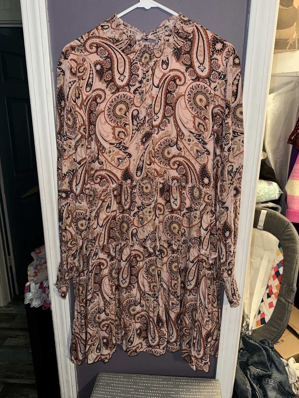 Anthropologie Pink Paisley Split Neck Ruffle Long Sleeve Smocked Shift Dress M