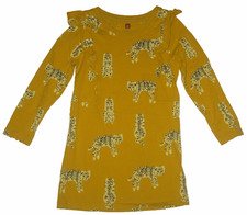 Girl's TEA COLLECTION Mustard Yellow Ruffled Cotton Knit Cats Print Dress 5