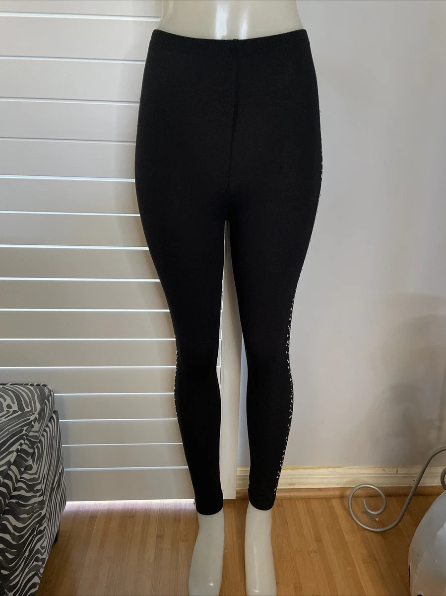 New Woman's The Paragon Black Rhinestone Gems Side Stripe Leggings