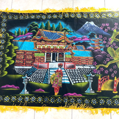 Vintage Japanese Tapestry Velvet Piano Shawl Mt Fuji Geisha Pagoda Hand Painted