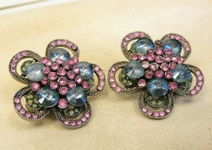 Tarnished Silver Tone Blue & Pink Rhinestone Cluster Flower Clip On Earrings