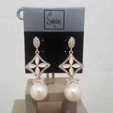 Sequin Women's Pearl Drop Crystal Resin Beige Gold Plated Earrings Earrings NWT