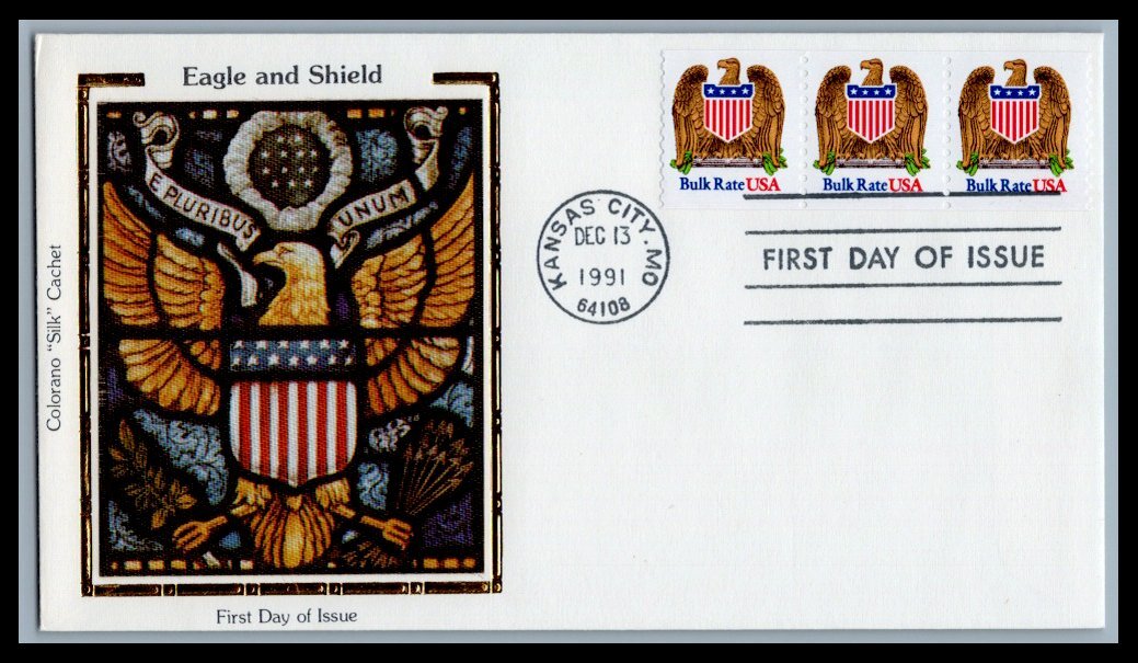 US FDC # 2602 (10c) Eagje & Shield Colorano strip of 3 1991