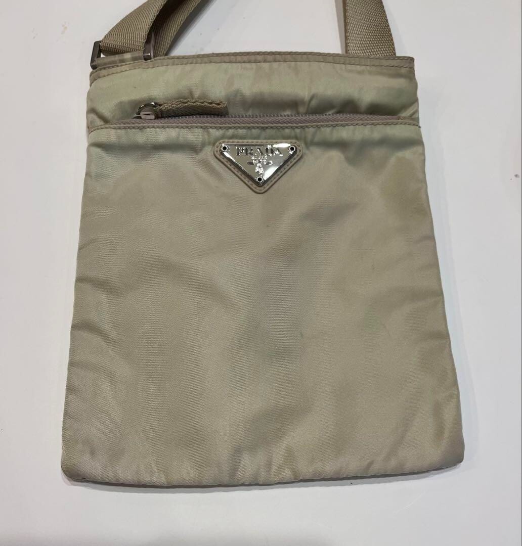Prada Nylon Crossbody Bag with Triangle Logo Beige Pochette Japan Authentic-image