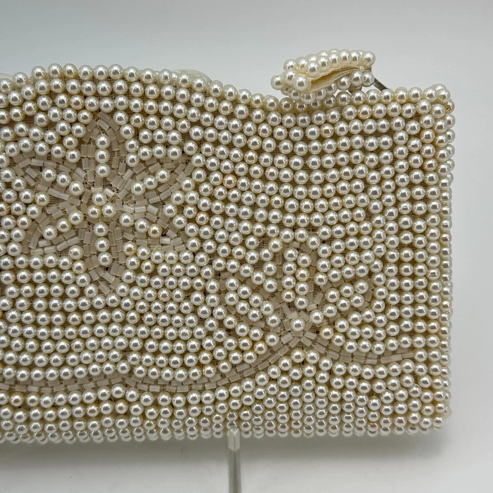 Bolso sin asas de noche con cuentas marfil de colección forro satinado fiesta formal 8" hecho en Japón Foto 3 de 4