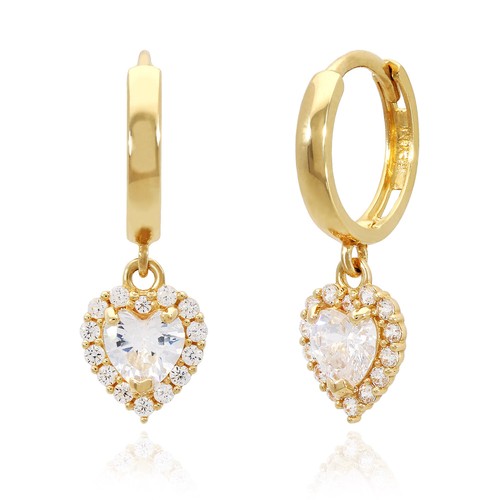 14K Yellow Gold Halo Heart Birthstone CZ Huggie Earrings - Picture 3 of 61