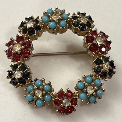 Vintage Ciner Turquoise Cabochon Faceted Blue Red Clear Crystals Sparkly Brooch