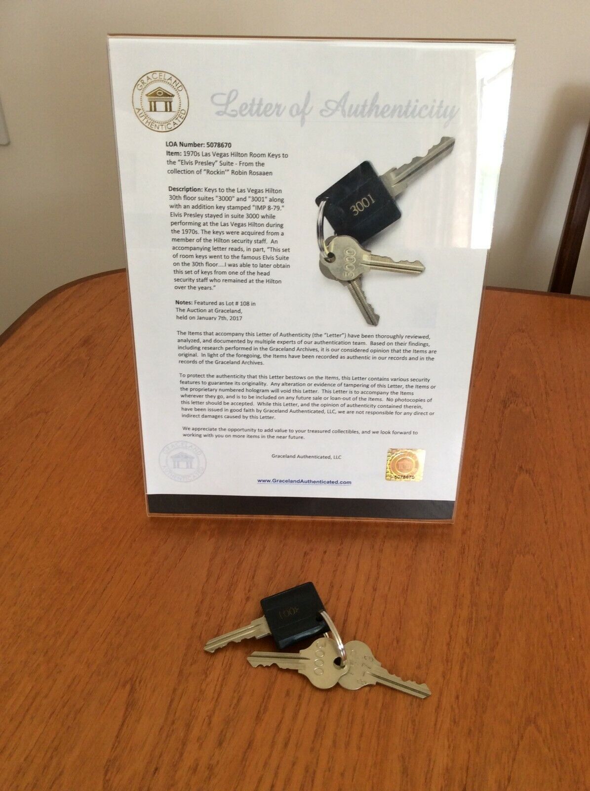 Elvis Presley Owned.Hilton Hotel Suite Keys With Full Graceland Authenticity