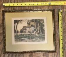 Louis Davril Etching “le Babque” (riverbank), signed, framed.