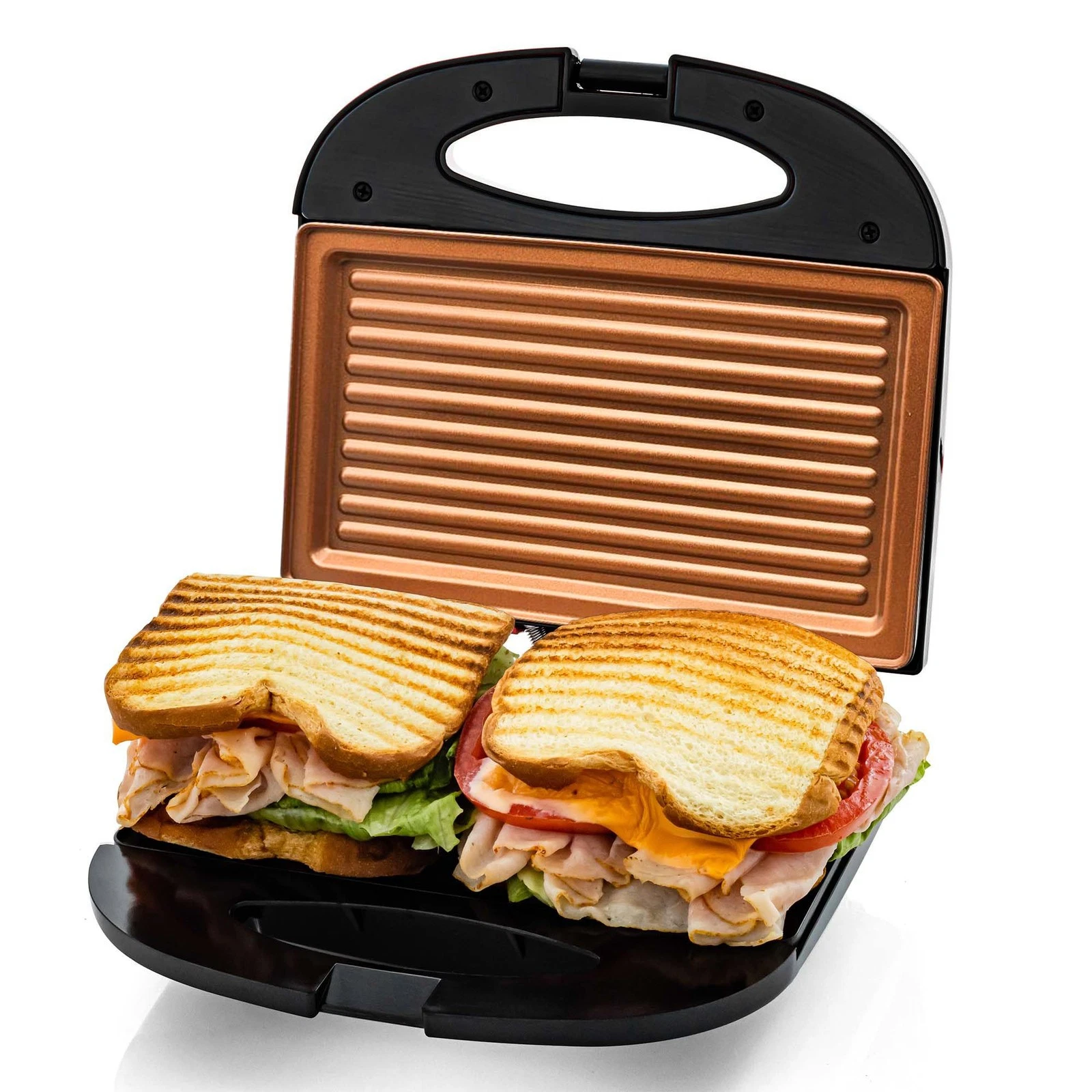 OVENTE 1000W Panini Press Copper Non-Stick Grill Thermostat Sandwich Maker 110V