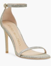 Stuart Weitzman women  s Nudist I Metallic Ankle-Strap Sandals/POUDRE/Size6