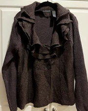 Elena Solano Sz L Sweater Jacket Ruffle Collar Wool Blend Double-Breasted Brown