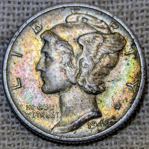 1942 S Mercury Dime XF/AU : Rainbow Tone, SF Mint - .9 Fine Silver Coin