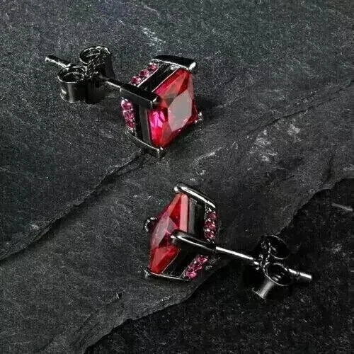4Ct Princess Cut Lab Created Red Ruby Diamond Stud Earring 14K Black Gold Plated - Image 4 of 4