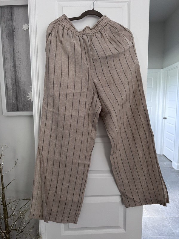✨Sanctuary Women's Striped Linen Blend Side Slit Wide Leg Pants Tan S✨