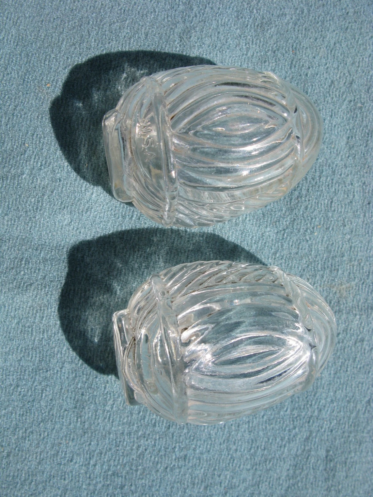 2 VTG/ANTIQUE/ART DECO CLEAR GLASS BIRD CAGE FEEDER/SEED/WATER CUP/BOWL USA