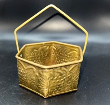 Hexagonal Embossed Brass Basket Handle Decorative Grape  Leaf Pattern Vintage