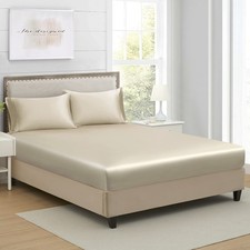 Queen Satin Fitted Sheet Deep Pocket Soft Wrinkle Free Breathable Taupe