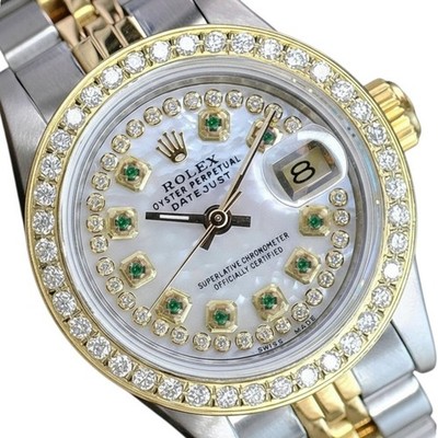 Rolex Watch Womens Datejust 18K Gold Steel White Dial Diamond Bezel 26mm 69173