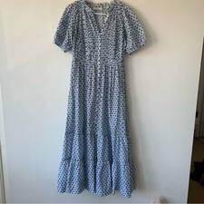 Doen Haleigh Cotton Tiered A Line Short Sleeve Midi Maxi Dress Dahlia Ditsy Blue