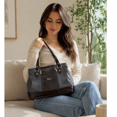 Valentina Italian Leather Shoulder Bag Blue Brown Two Tone Tote Handbag