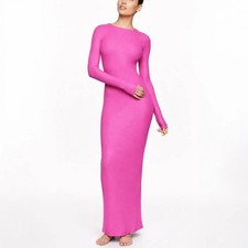 SKIMS Soft Lounge Ribbed Metallic Fuchsia Pink Bodycon Maxi Dress Long Sleeve XS