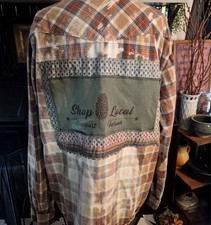 Upcycled Bleached Distressed Flannel Mushroom Kantha Bae Snap front Support Farm