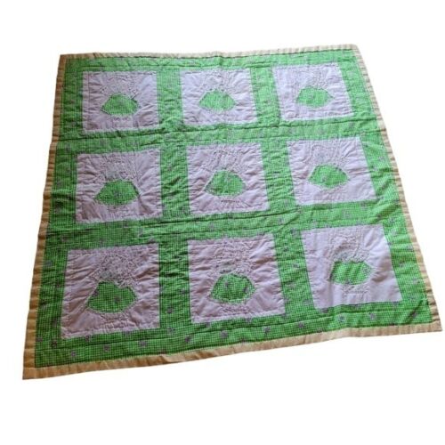 Handmade Baby Dutch Girl Quilt Green and White Gingham 40 x 40 Square