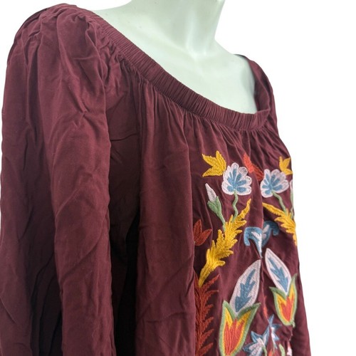 Solitare Womens Embroidered Off The Shoulder Burgundy Top Boho Shirt sz XL - Picture 4 of 16
