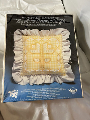 1983 Chicken Scratch Kit Create Your Own Pillow Yellow Gingham New Valiant Craft