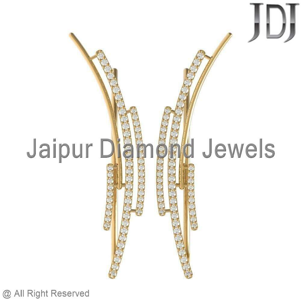 14k Solid Yellow Gold Natural Pave White Diamond Women Ear Cuff Earrings  Jewelry