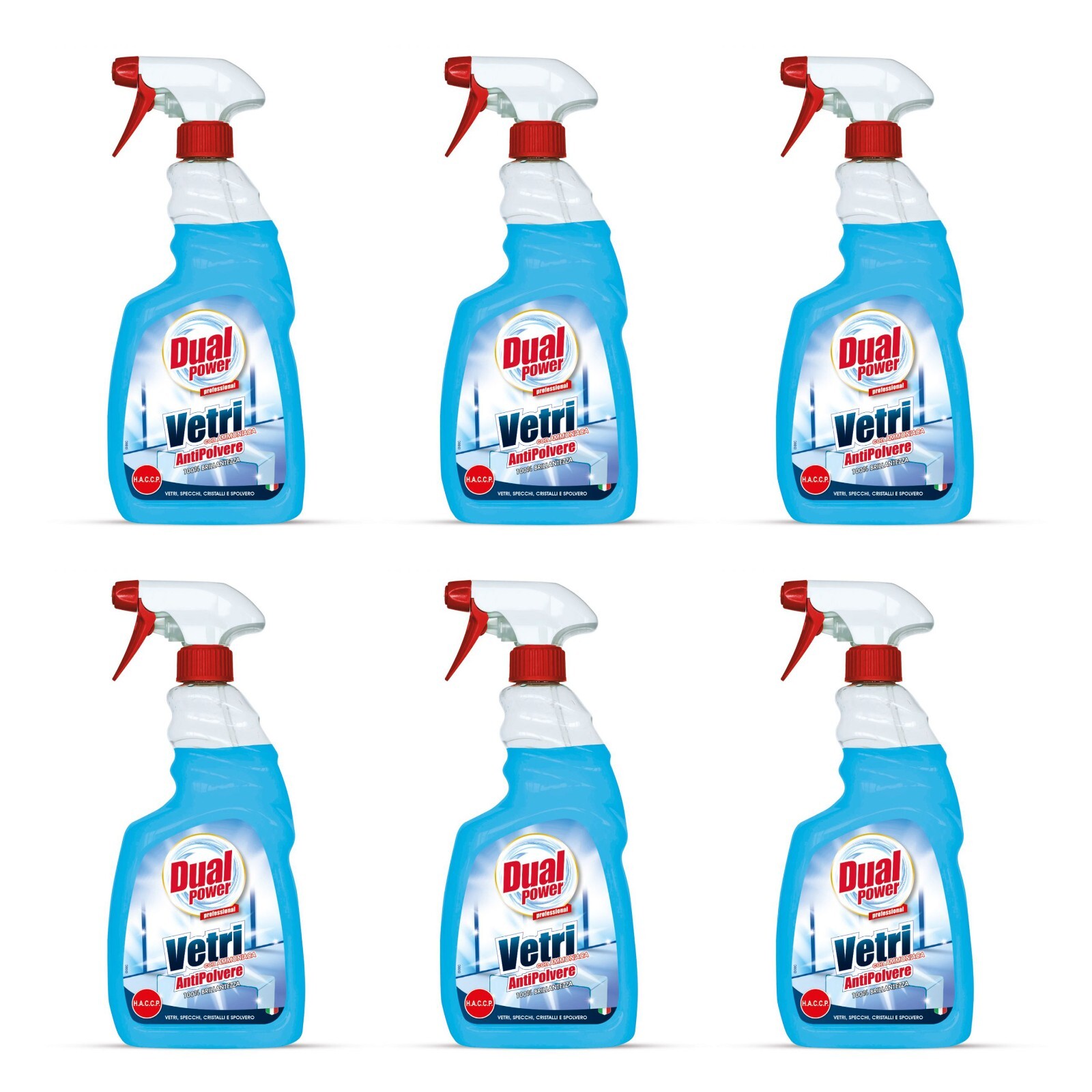 6 pz DUAL POWER VETRI con ammoniaca Antipolvere detergente pulizia casa 750ml