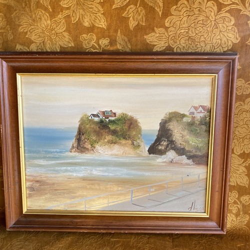 Quadro ad olio originale Newquay scogliera della Cornovaglia paesaggio vintage antico D Birge - Foto 6 di 13