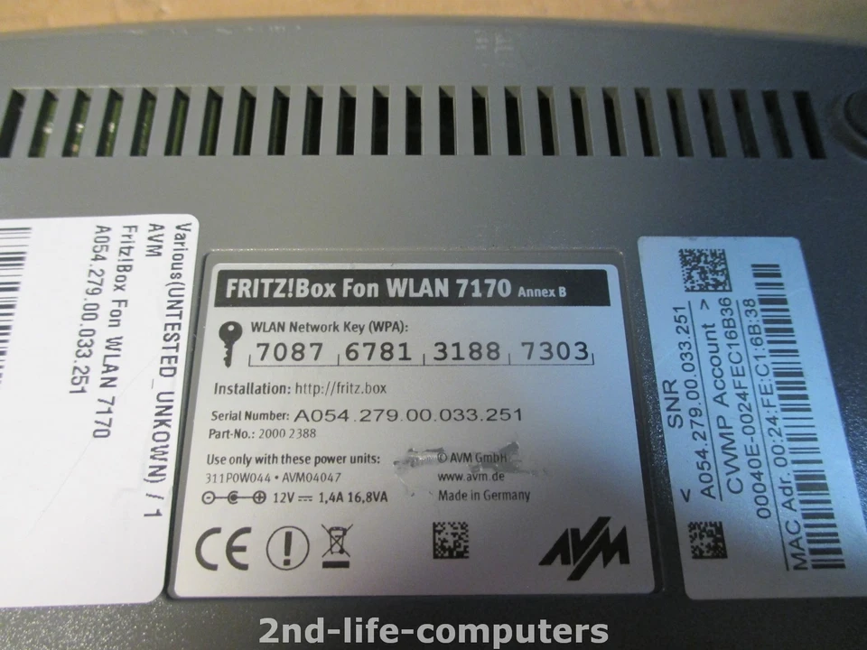 AVM Fritz Box FRITZ! 7170 Wlan Router Kabel VoIP fax VPN NO PSU - Bild 2 von 2