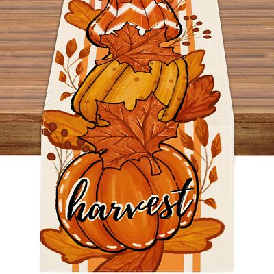 Orange Pumpkins Maple Leaves Fall Table Runner Autumn Thanksgiving Kitchen Di...