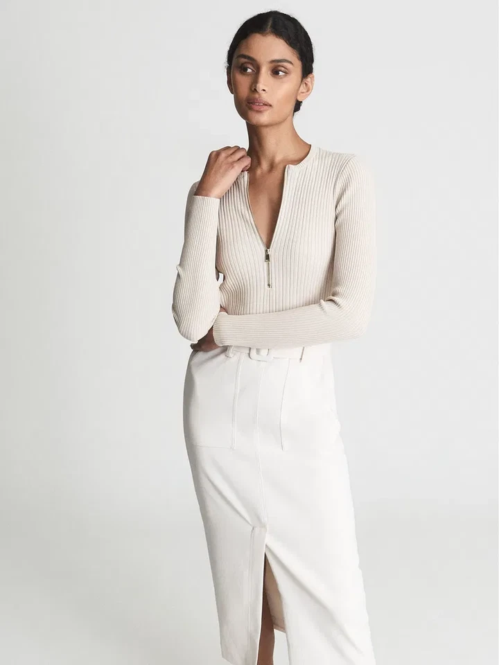 Vestido midi lápiz híbrido REISS Allani con cinturón en neutro Reino Unido talla 8 Foto 3 de 4