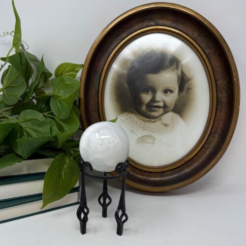 Vintage Cast Iron Black Metal Sphere Crystal Ball Stand Orb Display Altar