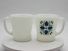 Fire King Swiss Chalet Mugs Set of 2 Milk Glass Blue Floral 1960s Vintage MCM