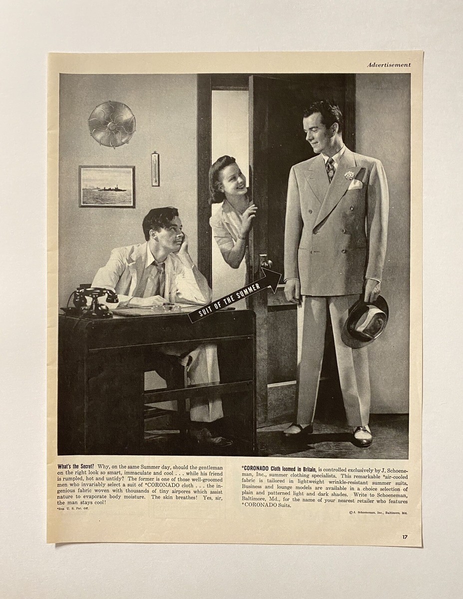 Coronado Suits J Schoenman 1942 WW2 Era Mens Fashion Print Ad