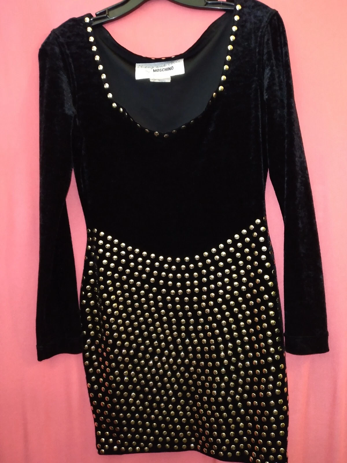 Mini abito vintage anni 80 90 MOSCHINO economico chic velluto borchie oro body con M