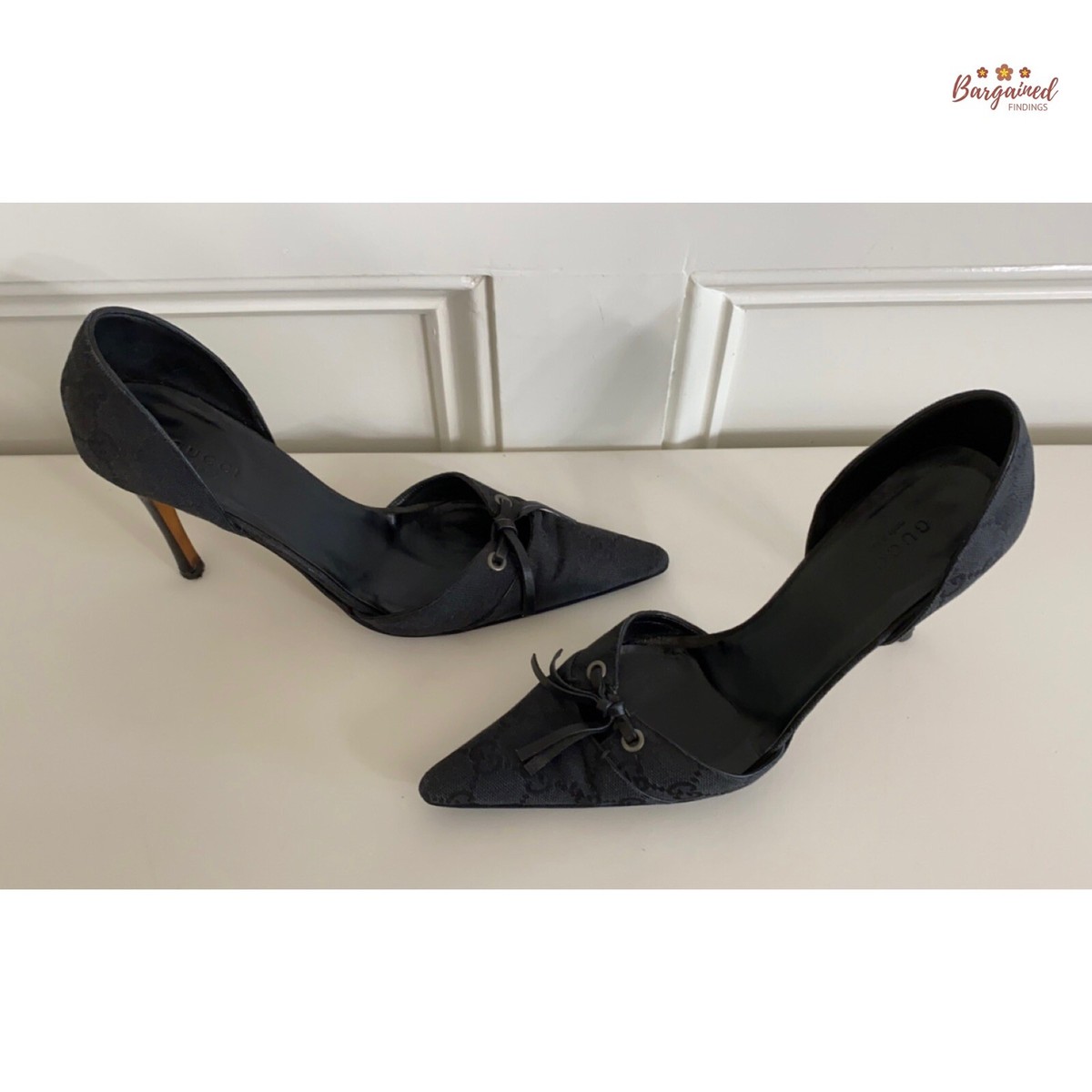 Authentic GUCCI Vintage Black GG Monogram Canvas Leather D'ORSAY